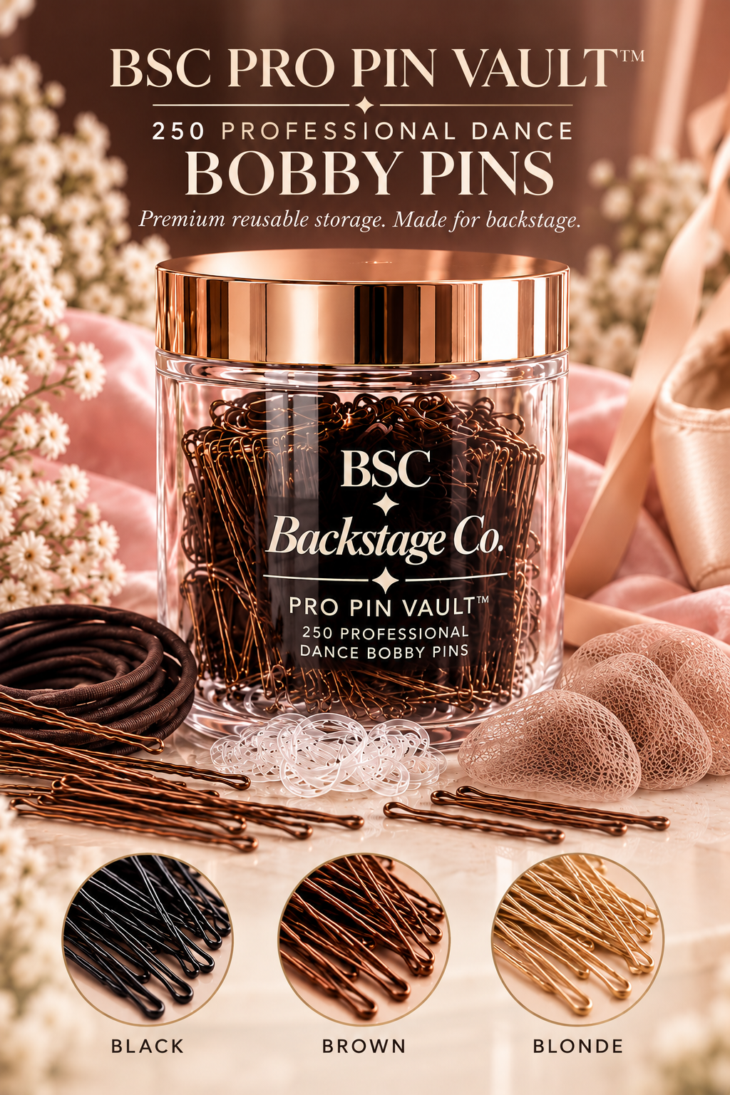 BSC Pro Pin VAULT™ | 250 Professional BOBBY PINS in Premium Acrylic Jar