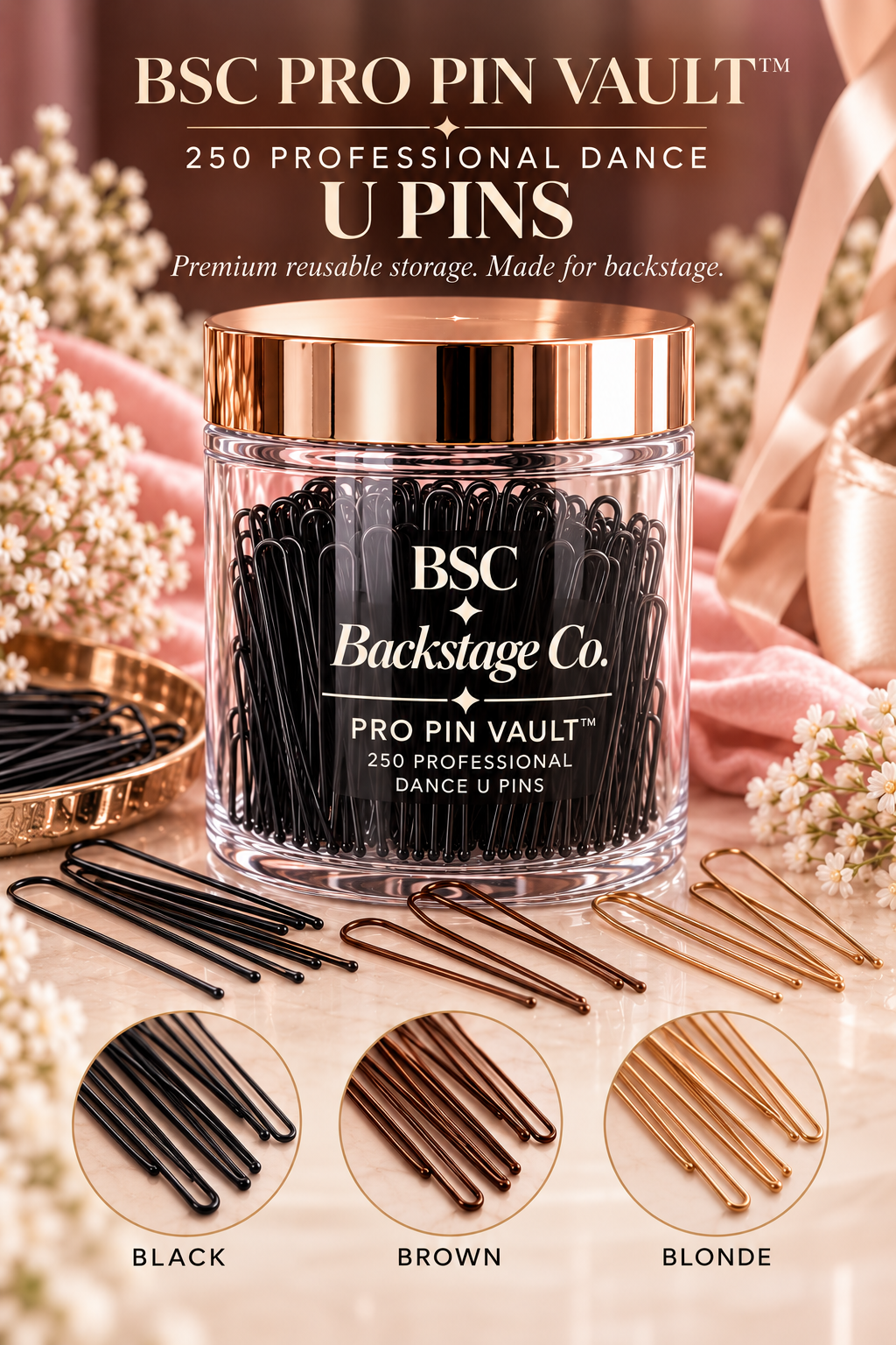 BSC Pro Pin VAULT™ | 250 Professional U-PINS in Premium Acrylic Jar